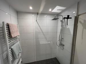 y baño con ducha y puerta de cristal. en Großzügiges Zimmer mit Terrasse am Rheinsteig, en Linz am Rhein