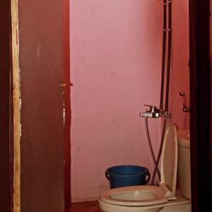 a bathroom with a toilet and a blue bucket at Lucas Authentic Lodge in Bajawa