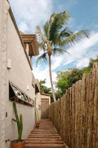 a palm tree in front of a fence and a house at Pousada Zinga Caraíva in Caraíva