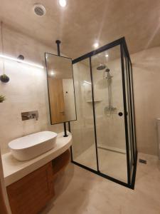 ein Bad mit einem Waschbecken und einer Dusche in der Unterkunft Costa Bianco Luxury Home in Agios Nikolaos