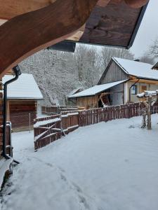 a snow covered yard with a house and a fence at Agroturystyka LipoweWzgórze- Jaś&Małgosia in Tereszpol
