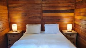 1 dormitorio con 1 cama con 2 lámparas en las mesas en Chalé Arado 313, en Monte Verde