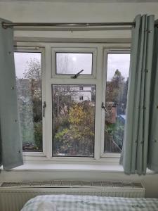 a window with blue curtains in a bedroom at Summer in Whetstone