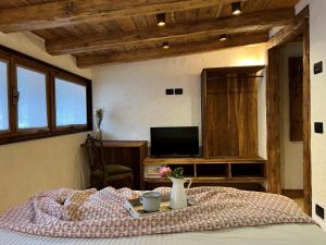 a bedroom with a bed with a table and a tv at La Maisonette 1878 in Dosoledo