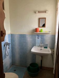 y baño de azulejos azules con lavabo y ducha. en Chambres d'hôtes du lycée Picot de Clorivière dont les revenus financent l'éducation des élèves, en Antsirabe