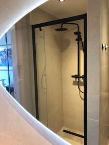 a bathroom with a walk in shower with a mirror at Huis van Marietje in Aardenburg