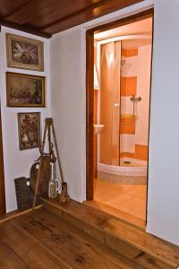 a bathroom with a glass door leading to a shower at Penzion pod Železným Vrchem in Chřibská