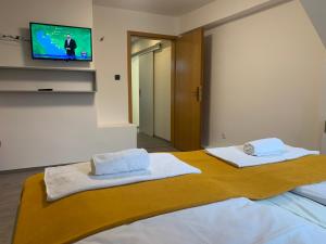 塞拉耶佛的住宿－Apartment Grey，一间卧室,在床上配有2条毛巾,配有电视