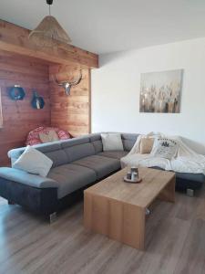 a living room with a couch and a coffee table at La marMotte perchée in Gap