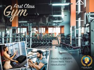 a magazine advertisement for first class gym at Caesar Blue Aqua Club, Lunch till 4pm, Gym, Heated swimming pool, Sauna & Hammam, Kids' club available in Perivolia tou Trikomou