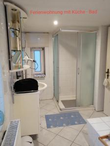 ein Bad mit einer Dusche und einem WC in der Unterkunft Ferienwohnung Monteurzimmer in Plessa