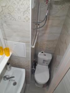 a bathroom with a toilet and a sink and a shower at Cathedral Park Smart Apartment in Chişinău +22 photos