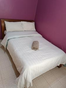 KakamegaにあるKK Furnished Apartmentsの白いベッド(上に帽子付)