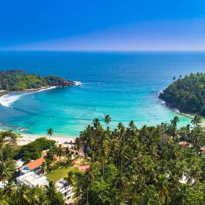 a view of a beach with palm trees and the ocean at Hiriketiya Green Hill Home in Dickwella