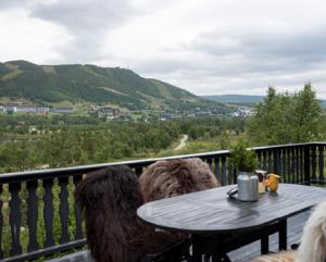 un paio di cani seduti a un tavolo sul balcone di Vestlia Ski a Geilo