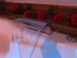 a bath tub with a faucet with red roses at Séjour détente au cœur de MÂCON avec spa et bouteille offerte in Mâcon
