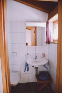 La salle de bains est pourvue d'un lavabo et de toilettes. dans l'établissement Berghaus Sulzfluh, à Sankt Antönien