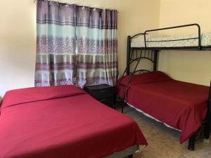 a bedroom with two beds and a curtain at Casa Tarimoro-Bacalar in Bacalar