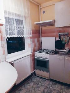 a small kitchen with a stove and a window at Apartament cu o cameră in Cluj-Napoca