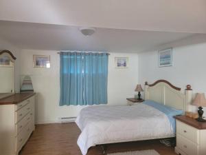 a bedroom with a bed and a blue curtain at logement,suite l arlequin in Vaudreuil-Dorion