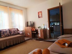 a living room with a couch and a tv at Дом за Гости Осогово in Kyustendil