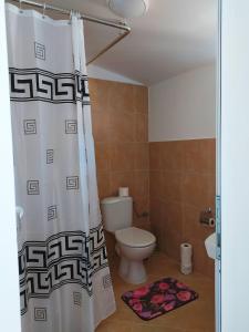 a bathroom with a toilet and a shower curtain at Дом за Гости Осогово in Kyustendil
