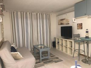 a living room with a couch and a tv and a table at Agréable studio Barcares in Le Barcarès