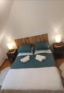 - une chambre avec 2 lits avec des oreillers et 2 lampes dans l'établissement Sarlat 4 Life, à Sarlat-la-Canéda