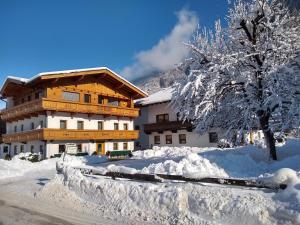 un edificio cubierto de nieve junto a un árbol en Haus Traudl, en Mayrhofen