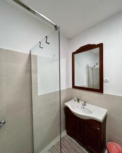 a bathroom with a sink and a shower at Casuta de la Munte in Sfodea