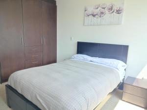 1 dormitorio con 1 cama grande y armarios de madera en Confort suite whit view, en Quito