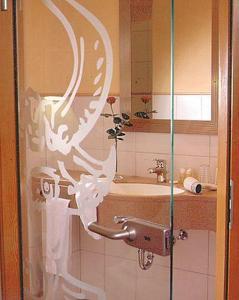 a bathroom with a shower with a glass door at Hotel Restaurant Ochsenwirtshof in Bad Rippoldsau-Schapbach
