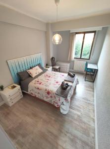 ein Schlafzimmer mit einem Bett und einem Tisch darin in der Unterkunft Apartamento Mavi in Bilbao