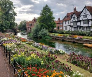 einen Blumengarten neben einem Fluss mit Häusern in der Unterkunft Cosy Central Canterbury - Modern Victorian in Kent