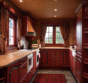 a kitchen with red cabinets and a large window at Vestlia Ski in Geilo