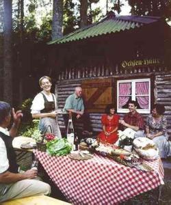 un grupo de personas sentadas en una mesa de picnic frente a una cabaña en Hotel Restaurant Ochsenwirtshof, en Bad Rippoldsau-Schapbach