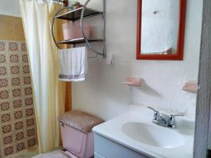 a bathroom with a pink toilet and a sink at Los Caracoles Bed & Breakfast in Cancún +28 photos