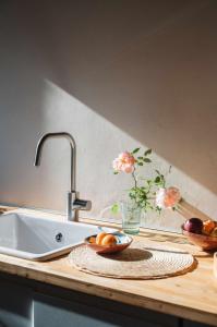 Casa Diana A في جيرونا: طاولة مطبخ مع حوض و مزهرية من الزهور