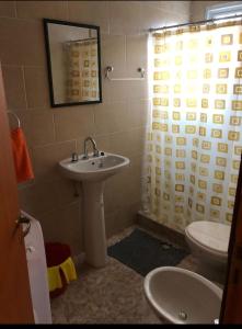 La salle de bains est pourvue d'un lavabo, de toilettes et d'un rideau de douche. dans l'établissement Cba, à El Calafate