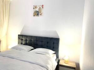 1 dormitorio con 1 cama grande y cabecero azul en TAJ en Ipoteşti