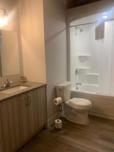 uma casa de banho com um WC, um lavatório e uma banheira em Station 1 by Terra Hospitality em Moncton