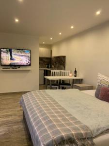 a bedroom with a bed and a tv on the wall at Apartmán Kalafut in Vlková