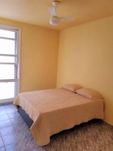 een slaapkamer met een bed en een plafondventilator bij Apto Praia Gonzaga - melhor localização in Santos
