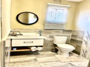 La salle de bains est pourvue de toilettes, d'un lavabo et d'un miroir. dans l'établissement Emba Guest lodge No loadshedding, à eMbalenhle