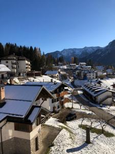 małe miasteczko z pokrytymi śniegiem dachami i budynkami w obiekcie Residence Dolomiti w mieście Forni di Sopra