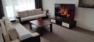 a living room with a couch and a fire in the tv at Apartmán u Jána in Ružomberok