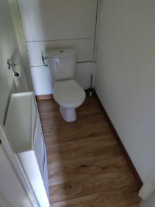 a small bathroom with a toilet and a wooden floor at T3 cosy au Jardin du Ramel in Luchon