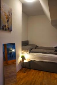 ein Schlafzimmer mit einem Bett und einem Tisch darin in der Unterkunft Rooftop Residence in Wien