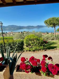 a garden with red flowers and a view of the water at Il Sodino 1738 - Locazione Turistica in San Feliciano