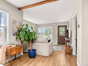 a living room with a white couch and a potted plant at Adorable Wawasee Cottage in Oakwood Park in Syracuse